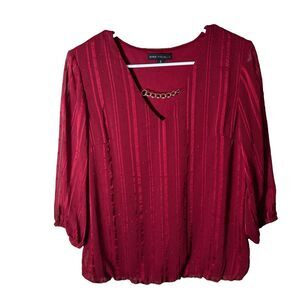 Sara Michelle Blouse Women's Small Red 3/4 Sleeve Keyhole Chain Textured Top